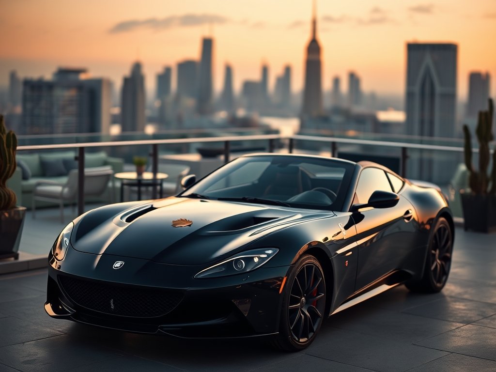 Sportwagen geparkeerd voor penthouse balkon met stadszicht bij schemering.