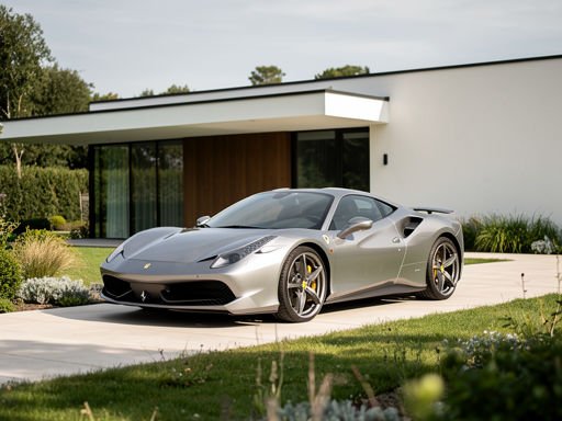 Exclusieve sportwagen geparkeerd bij moderne villa met groene tuin.