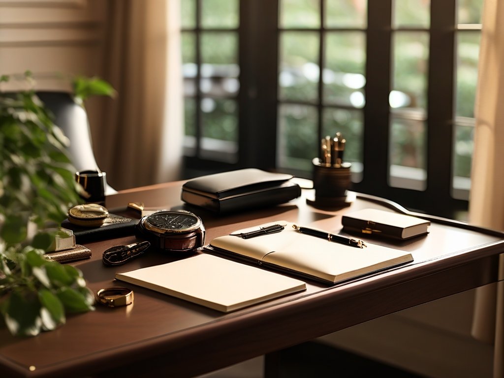 Stijlvol thuiskantoor met luxe accessoires en sportwagen in de achtergrond.