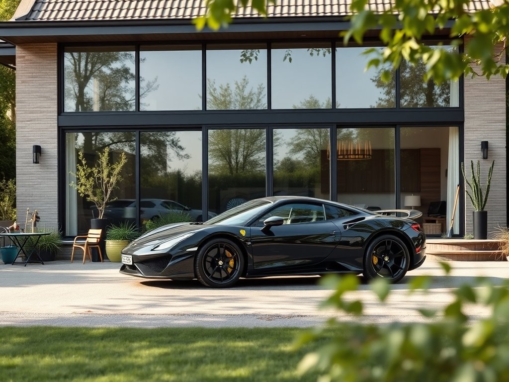 Zwarte sportwagen voor moderne villa met groene omgeving en casual tuinmeubels.