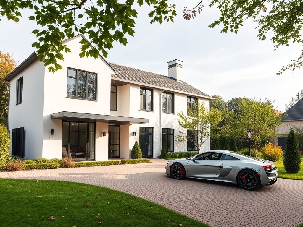 Moderne luxe villa met een sportwagen en verzorgde tuin buiten.