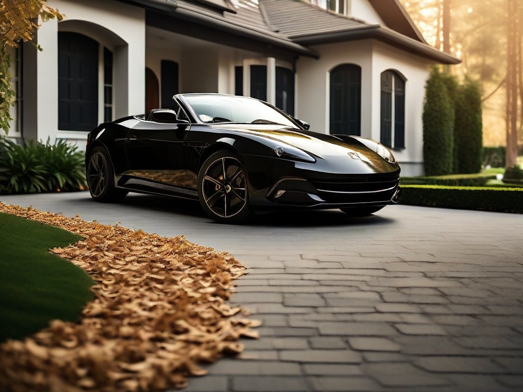 Zwarte sportwagen geparkeerd bij een luxe woning met groene omgeving.