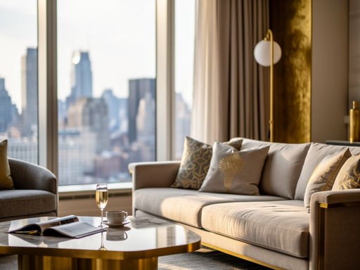 Penthouse woonkamer met gouden accenten en uitzicht op stadsgezicht.