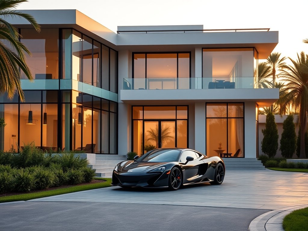 Luxe moderne villa met grote glasramen en sportwagen bij het huis in natuurlijk avondlicht.