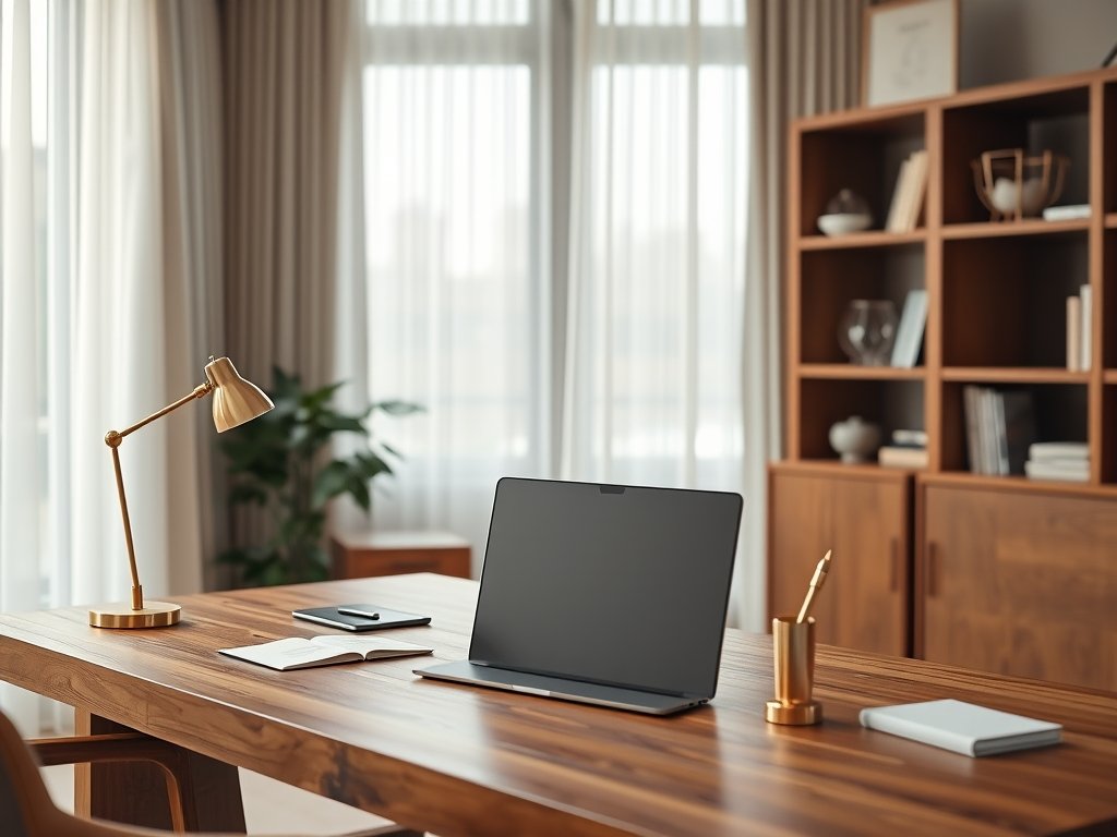 Stijlvol thuiskantoor met luxe accessoires en warme verlichting.