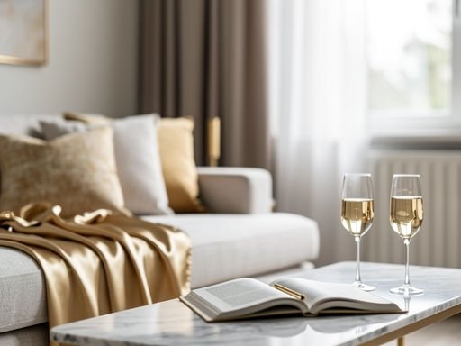 Stijlvol interieur met gouden accessoires, champagneglazen en zachte natuurlijke verlichting.