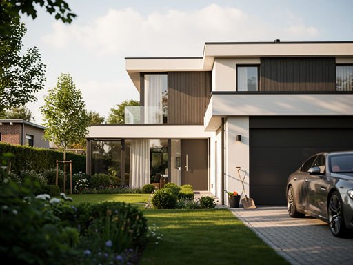 Exterieur van een luxe villa met tuin en auto in de wijk.